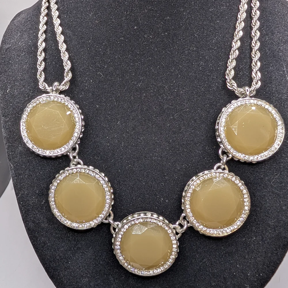 Banana Republic Statement Necklace Silver and Rhinestone Sage Green Color - Picture 3 of 3